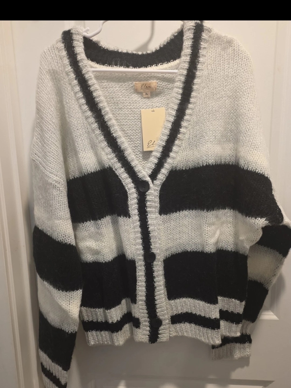 Elan Black & White Striped V-Neck Button Cardigan